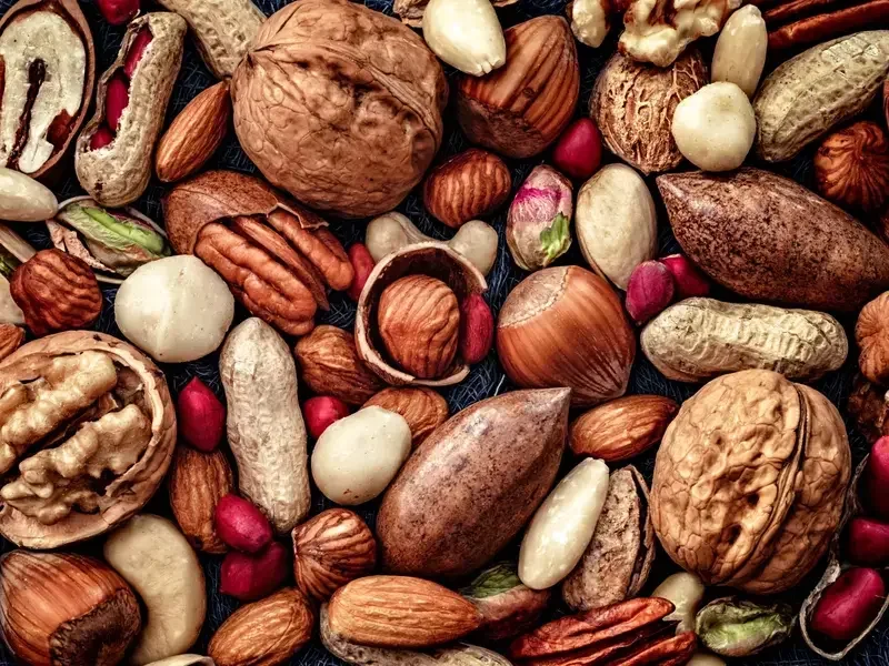 An overhead photo of a wide selection of nuts