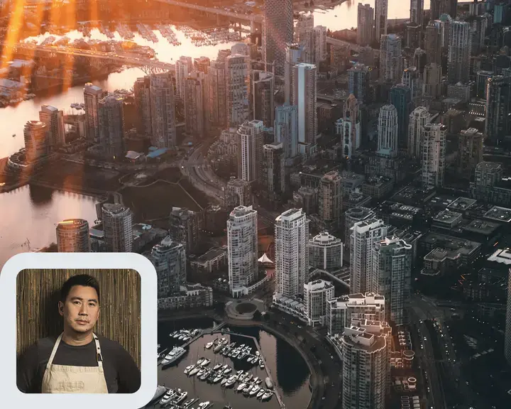Chef Angus An and the Vancouver cityscape.