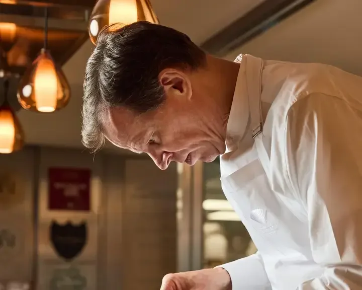 Chef Richard Ekkebus plating at Amber in Hong Kong.